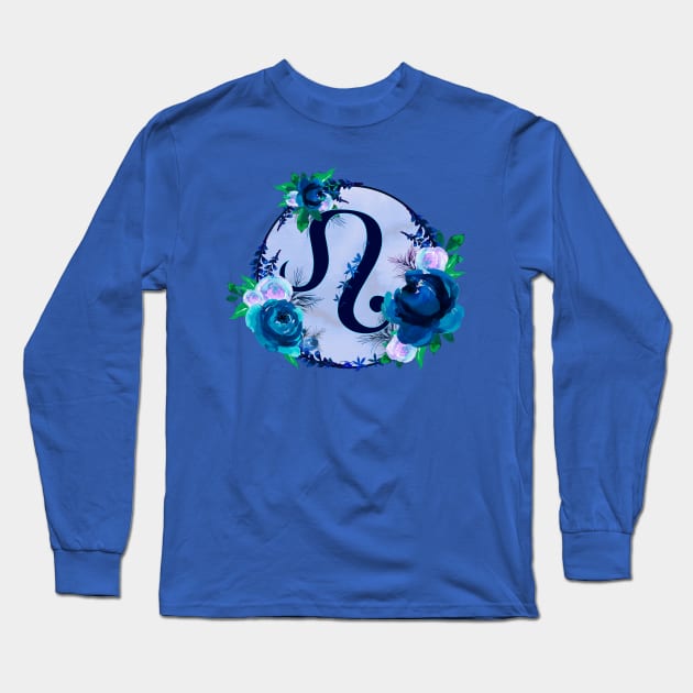 Leo Zodiac Horoscope Blue Floral Monogram Long Sleeve T-Shirt by bumblefuzzies